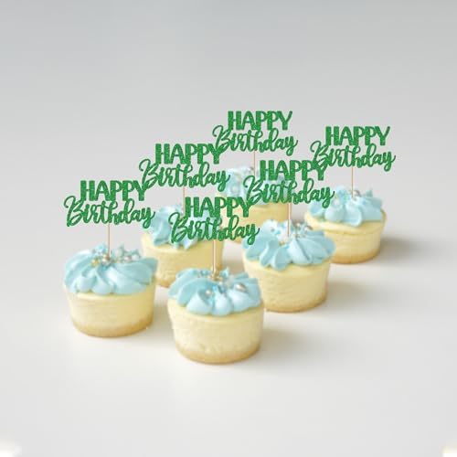 30 PCS Happy Birthday Cupcake Toppers Glitter Happy Birthday Cupcake Picks for Celebrating Anniversary Theme Christmas Party Cake Decorations Supplies Green