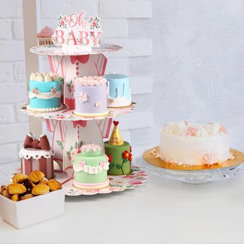 Zopeal 3 Tier Floral Baby Shower Cupcake Stand Cardboard Flower Cupcake Dessert Tower Baby Shower Cake Holder for Spring Flower Gender Reveal Birthday Party Decorations Supplies