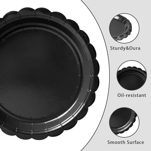 Vyntra 50 Pcs Black 9 Inch Scalloped Paper Dinner Plates