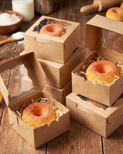 qiqee Bakery Box with Window 4*4*2.5inch/100Packs Brown Macaron Boxes Small Donut Pastry Boxes for Party Mini Cookie Boxes(5 Diferent Gift Include)