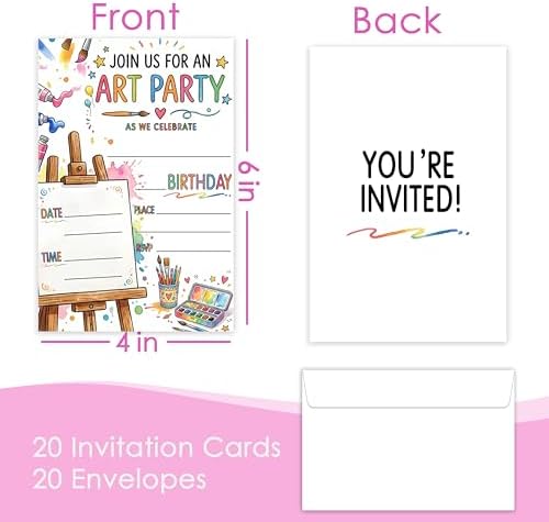 Art Birthday Party Invitation, Painting Artist Double-Sided Fill In Style Invites with Envelopes for Birthday, Art in Party Invitation For Girls, Boys, Teens, Bday Party Favor & Decoration