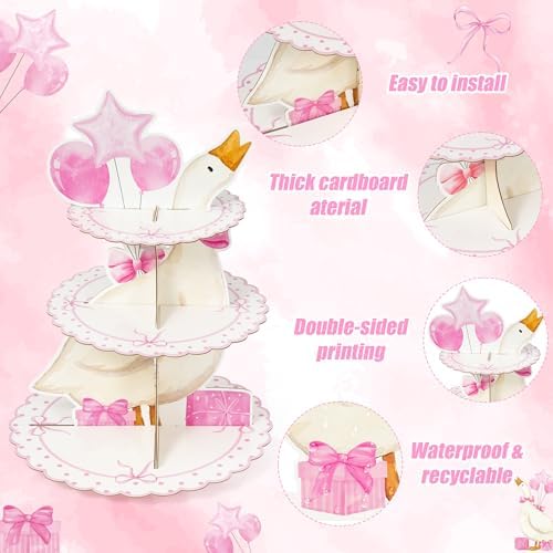 ANGOLIO 3 Tiers Pink Silly Goose Cupcake Stand Birthday Party Decorations