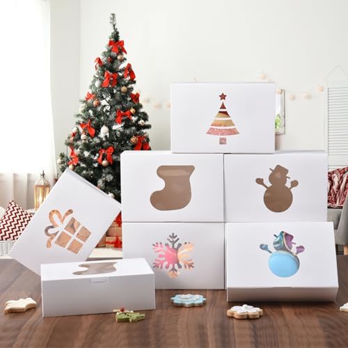 KPOSIYA 36 Pack Christmas Cookie Boxes for Gift Giving, 9x6x3 Inch White Bakery Boxes with Window, Large Holiday Cookie Tins with Lids, Small Xmas Treat Boxes for Pastry Dessert Cupcakes Packaging