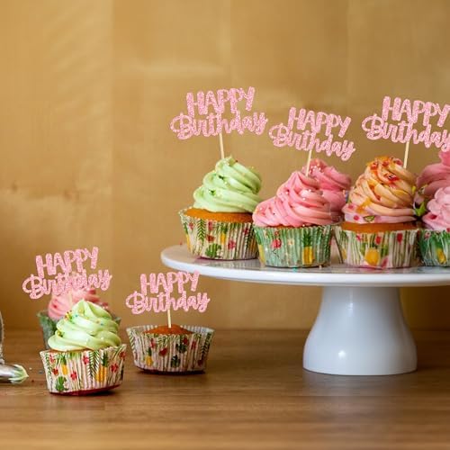 Gyufise 24pcs Happy Birthday Cupcake Toppers - Pink Glitter Celebrating Cake Picks - Baby Shower & Kids Party Decoration Supplies