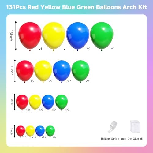 Red Yellow Blue Green Balloons Arch Kit, 131PCS Yellow Blue Red Balloons