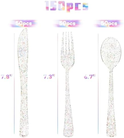 150 Pack Clear Plastic Silverware - Disposable Cutlery with Colorful Design, Includes 50 Forks, 50 Knives, 50 Spoons for Birthday, Wedding, Baby Shower