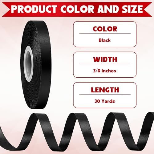 30 Yards 3/8 in Narrow Black Ribbon for Gift Wrapping Halloween Graduation
