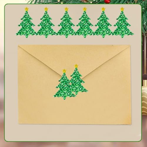 500Pcs Christmas Tree Stickers Roll - Laser Christmas Tree Shape Self-Adhesive Sealing Stickers, Green Sparkly Waterproof Decals for Christmas Party Envelope Scrapbook Decor