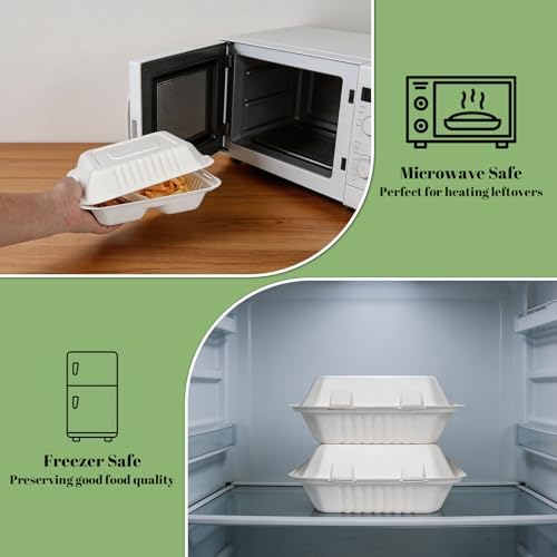 Lucklot 100 Pack 8×9 Inch 3-Compartment Compostable Bagasse Food Containers