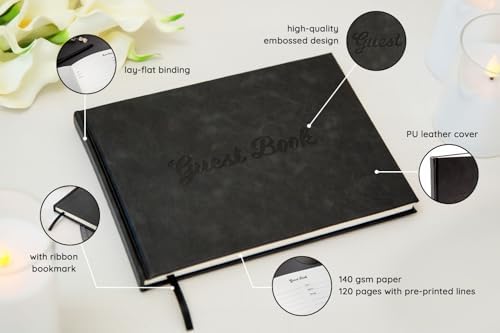 Black PU Leather Guest Book - 9.5 x 7 Embossed Guestbook with Name Address Message Lines for Wedding Funeral Retirement Party, 140 GSM Paper, 120 Pages