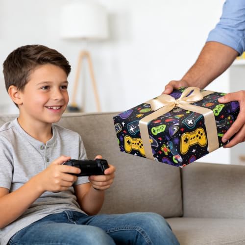 Cuitpan Gaming Wrapping Paper - 4 Jumbo Sheets, 28 * 40 Inches, Video Game Console and Black Starry Sky Design, for Boys Birthday, Gaming Party & Holiday Gifts