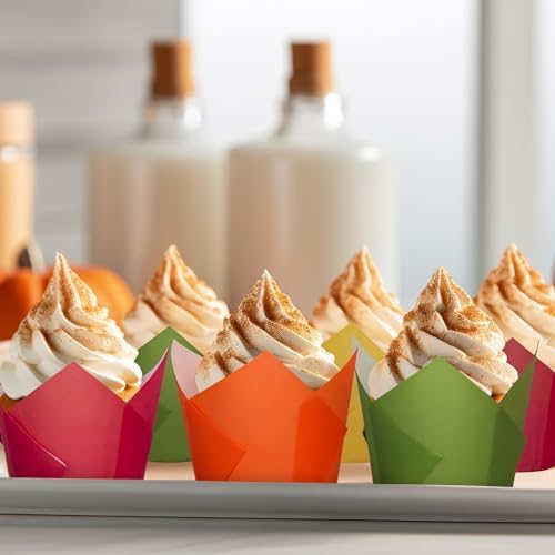 Whaline 200Pcs Fall Tulip Cupcake Liners Autumn Greaseproof Paper Baking Cups Red Orange Yellow Green Muffin Cupcake Wrappers for Thanksgiving Wedding Birthday