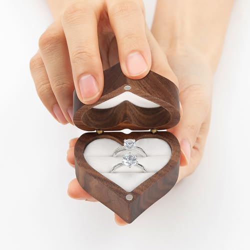 LETURE Wooden Heart Shape Ring Gift Box with Single Slot 2 Slot, Personalized Vintage Wood Jewelry Box for Proposal Engagement Wedding Ceremony Anniversary (White -2 Slot)