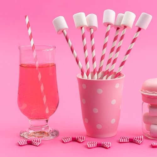 7.75 inch Hot Pink Striped Paper Straws for Drinking - Unwrapped, 100 Counts - for Party, Wedding, Cocktail, Beverage