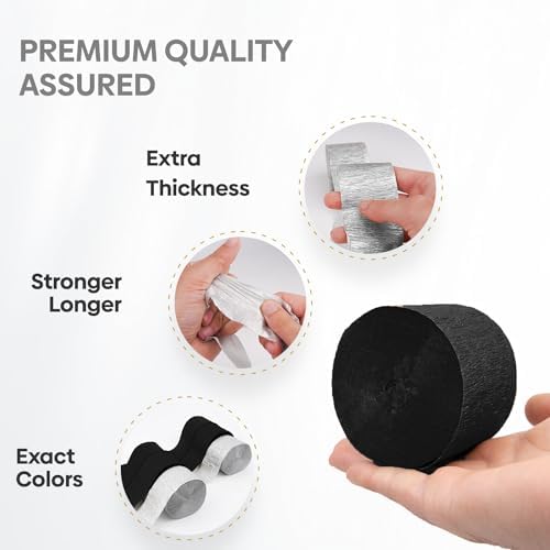 6 Silver Black Crepe Paper Streamers, 492ft Pack of Party Decorations
