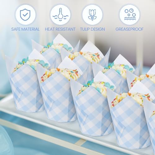 Maxdot 200 Pcs Blue Gingham Tulip Cupcake Liners for Baking Plaid Paper Muffin Baking Cups Checkered Tulip Muffin Liners Wrappers for Bridal Baby Shower Wedding Birthday Party Decor