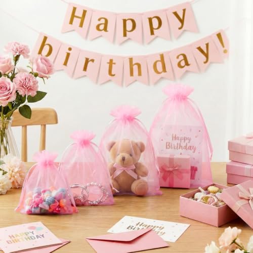 FUNFERY 100PCS Pink Organza Gift Bags 5x7in,Drawstring Pouch for Jewelry