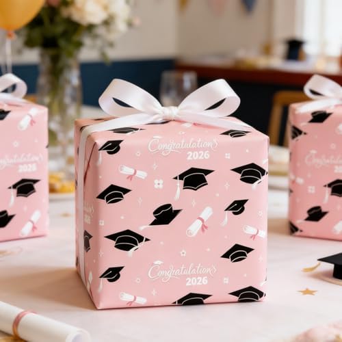 Cuitpan 2026 Graduation Wrapping Paper - 4 Jumbo Sheets,28x40 Inches, Pink Cap & White Diploma Design, Gift Wrap for Graduates, Graduation Parties, Seniors, School Events