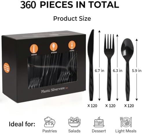360Pcs Black Plastic Silverware Set, Disposable Forks Spoons Knives