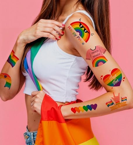 HSHFAMIIY Pride Accessories - Pride Tattoos, 120Pcs Pride Temporary Tattoos for Adults – Rainbow LGBTQ Fake Tattoos Waterproof, Love is Love Gay Pride Accessories for Parade, Pride Decorations