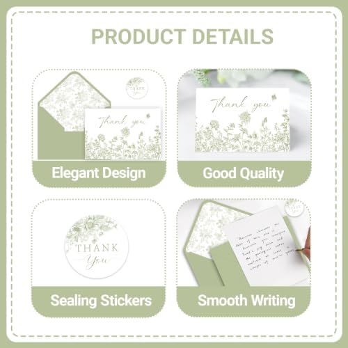 100 Pack Green Floral Thank You Cards With Envelopes Stickers