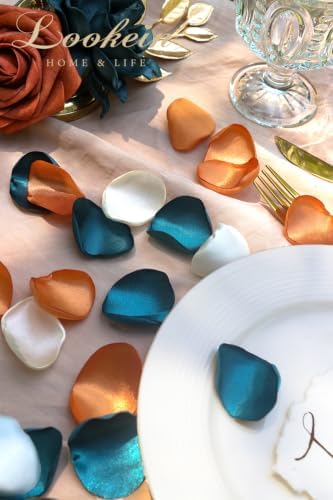 Lookein 300pcs Rose Petals Dark Teal&Burnt Orange Faux Silk Flower Petals