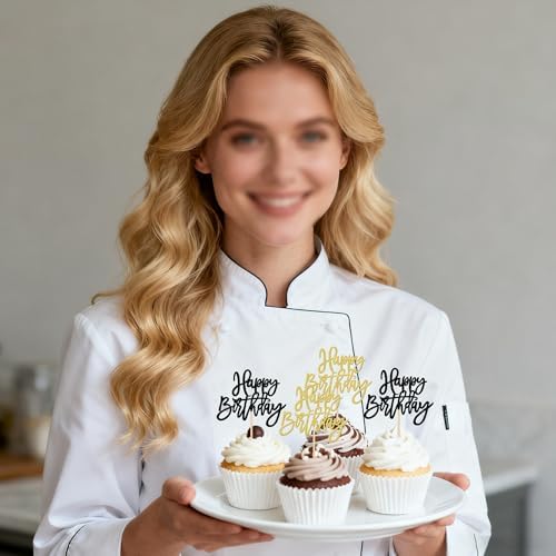 24 PCS Happy Birthday Cupcake Toppers Glitter Happy Birthday Cupcake Picks for Celebrating Anniversary Theme Party Cake Decorations Supplies Black Gold