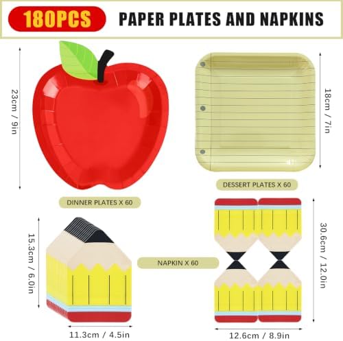 180Pcs Back to School Red Apple Paper Plates and Napkin Set,Serves 60