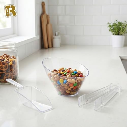 R-kay 36 Pcs Candy Bowls And Plastic Scoops Set - 18 Clear Small Plastic Bowls 6 Oz, 9 Plastic Scoops And 9 Small Tongs Buffet Containers Set Heavy Duty