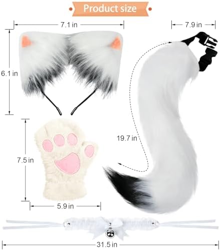 Cat Ears and Tail,Wolf Fox Ears Long Tail and Bell Lace Choker Set for Halloween,Animal Cosplay Party Costume