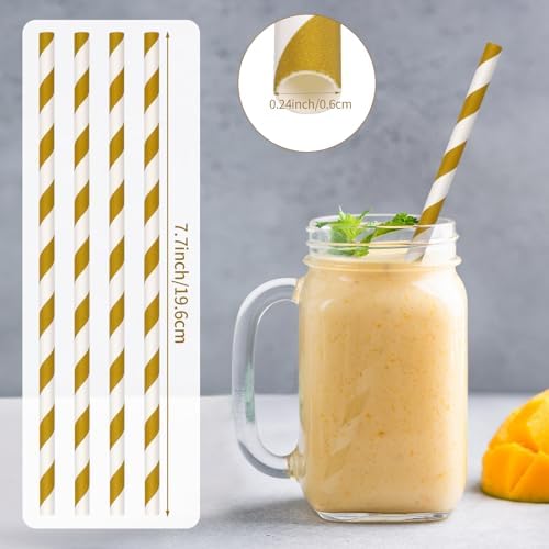 100 Packs Brown Biodegradable Striped Paper Straws, Disposable Drinking Straws for Birthday Carnival Summer Pool Party Wedding Baby Shower Halloween Christmas Party Decoration Supplies