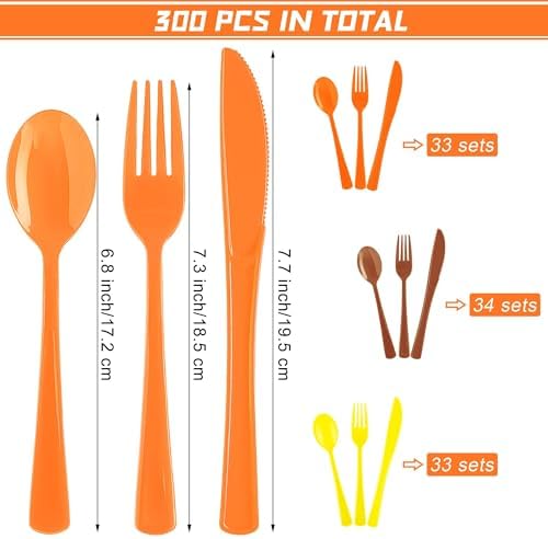 Kochorie 300 Pieces Thanksgiving Plastic Silverware Fall Heavy Duty Utensils Set Heavyweight Disposable Flatware Includes Orange Yellow Brown Spoons Forks Knives for Thanksgiving Dinner Party Supplies