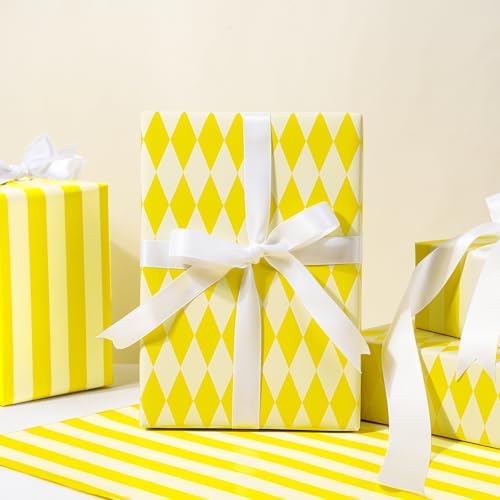 RUSPEPA Reversible Wrapping Paper Roll, Mini Roll, Yellow and White Stripes and Diamond Pattern Gift Wrap for Birthday, Wedding, Easter, Spring, Baby Shower, Bridal Shower, 17 Inches x 16.4 Feet