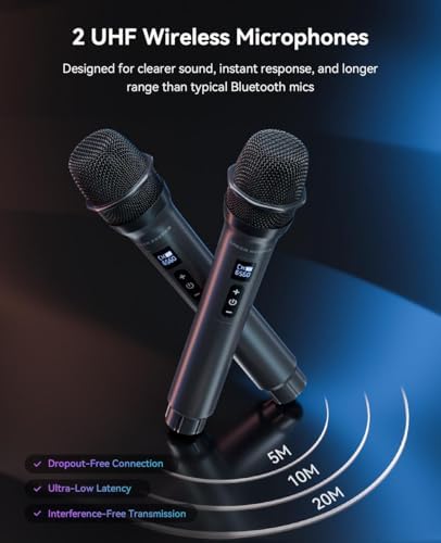 GKD80 Karaoke Machine for Adults with 2 Wireless UHF Microphone, 600W Peak Bluetooth Speaker with Dual 8'' Subwoofers, Portable Party Speaker with RC/Wheels for Singing/Outdoor Events/Speaking