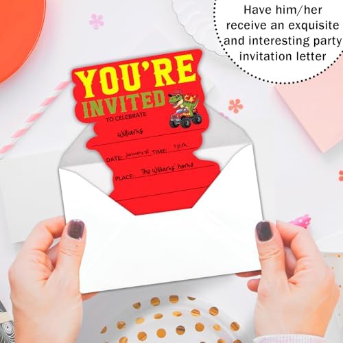 Red Truck Birthday Party Invitations, Dinosaurs Monster Truck Shaped Invitations for Kids Boys, Monster Truck Theme Birthday Party Decorations Supplies Favors, 20 Set Invites Cards with Envelopes