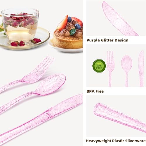 150PCS Purple Plastic Silverware, Purple Glitter Plastic Cutlery Disposable, 50 Forks, 50 Knives, 50 Spoons Heavy Duty, Perfect for Birthday, Wedding, Baby Shower, Picnic