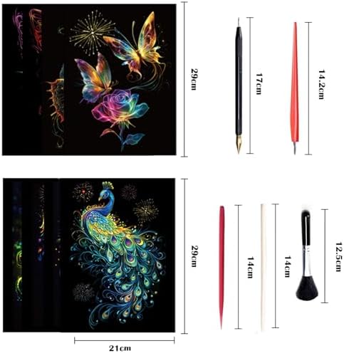 Georgie Porgy Scratch Paper Art Set for Kids Adults Magic Rainbow Scratchboards for DIY Arts and Crafts Kits Christmas Birthday Gift with Scratching Tools Kit (A4-Noctilucent Butterfly + Peacock)