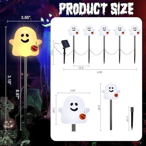 Solar Halloween Ghost Pathway Lights, 10 Pack Ghost Stake Lights with Pumpkin Design, Durable Waterproof Outdoor Halloween Decoration for Garden, Walkway, and Yard (Warm White)