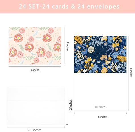 Nihuecne 24 Pack Blank Cards and Envelopes, Floral Design Greeting Cards