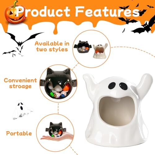 2 Pack Halloween Ceramic Candy Bowls, Ghost & Bat Candy Holder Containers