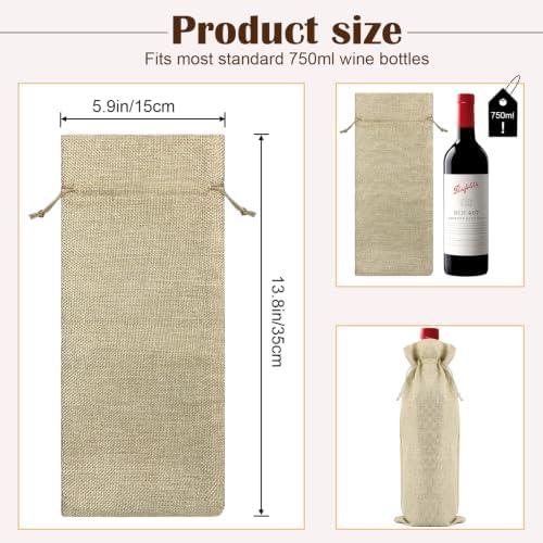 Oenothera 10 Pack Burlap Wine Gift Bags with Drawstring Fit 750ml, Natural