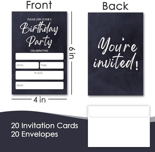 Minimalist Black Birthday Invitation Cards, 20 Pack Party Invitations Cards with Envelopes For Birthday, Invitations for Boys and Girls Party Decorations Supplies (4''x6'')