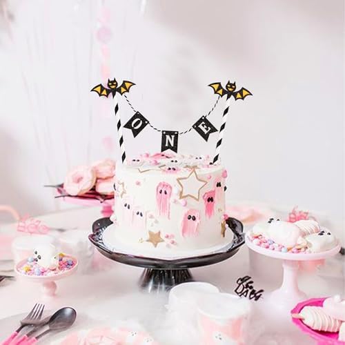 Ercadio 5Pcs Halloween Bat One Banner Cake Toppers Bats One Cake Picks for Baby Shower Happy Halloween Day Theme Birthday Party Cake Decoration Supplies