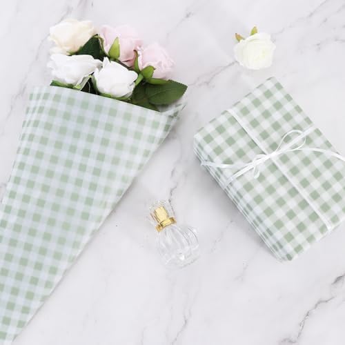 BEISHIDA Gingham Tissue Paper Bulk，Sage Green and White Checkered Wrapping Tissue Paper for Gift Bags, 14 x 20 Inch Gift Wrap for Wedding Birthday Easter DIY Crafts Decor Holiday Flowers-50 Sheets