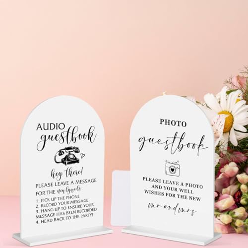 2Pcs Wedding Memorial Signs Audio Guest Book Sign Photo Guest Book Sign Wedding Table Acrylic Decor for Engagement Bridal Shower Ceremony Reception Event Party