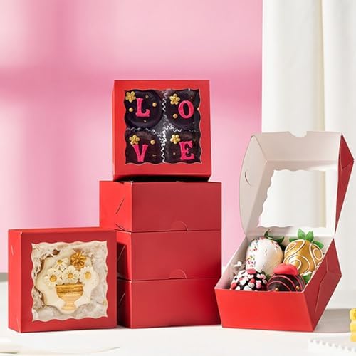 50 Pack 4x4x2 inches Red Bakery Boxes with Window - Macaron Cookie Chocolate Truffle Strawberry & Mini Cake Gift Boxes for Valentine's Parties Birthdays Wedding, Christmas Favors