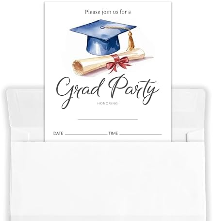 4x6 2026 Watercolor Grad Party Invitations (20 Cards + 20 Envelopes) - Blue Cap & Diploma Grad Celebration Invites.(015)