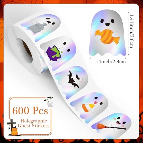FEBSNOW 600Pcs Halloween Stickers, Holographic Ghost Decals for Kids