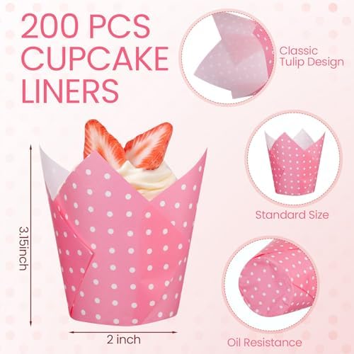 Maxdot 200 Pcs Pink and White Polka Dot Tulip Cupcake Liners for Baking Paper Muffin Baking Cups Tulip Muffin liners Wrappers for Bridal Baby Shower Wedding Birthday Party Decor