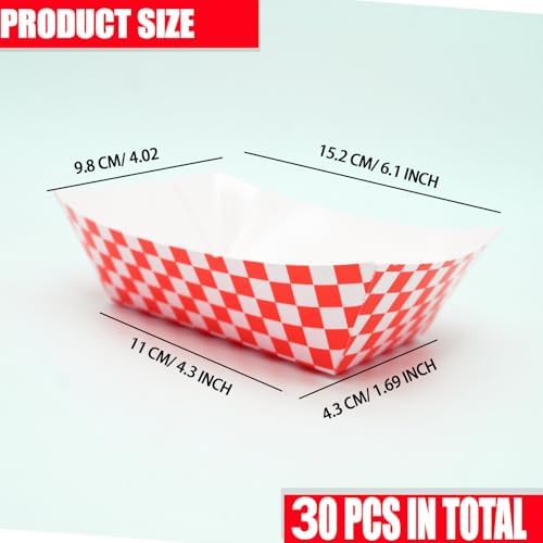 30 Pcs No Folding Required 2lb Gingham Party Supplies Disposable Paper Food Trays for Shower Wedding Tea Party Supplies Nacho Snack (Red)
